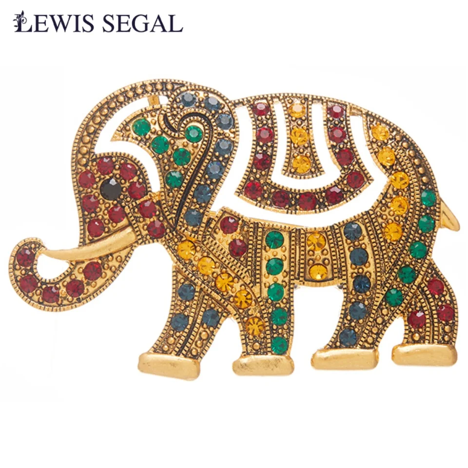 LEWIS SEGAL Jewelry Clothing CZ Rhinestone Animal Corsage Golden Elephant Brooch for Women Multi Color Ladies Gifts Dress