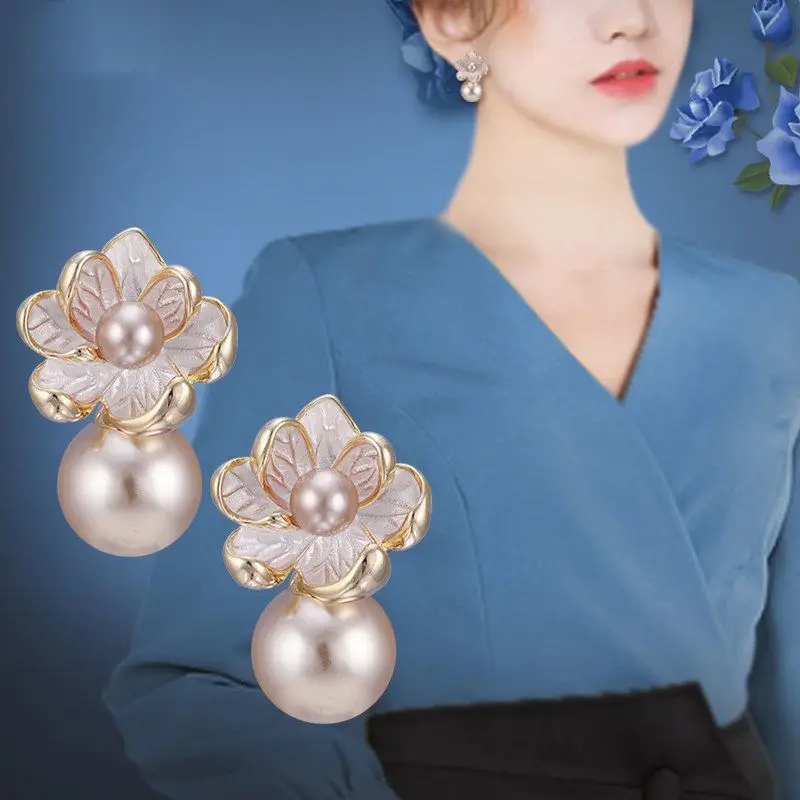 925 Silver Needle Korean Fashion Blue Flower Earrings For Women Jewelry 2024 Trending Women's Vintage Noble Pearl Stud Earrings