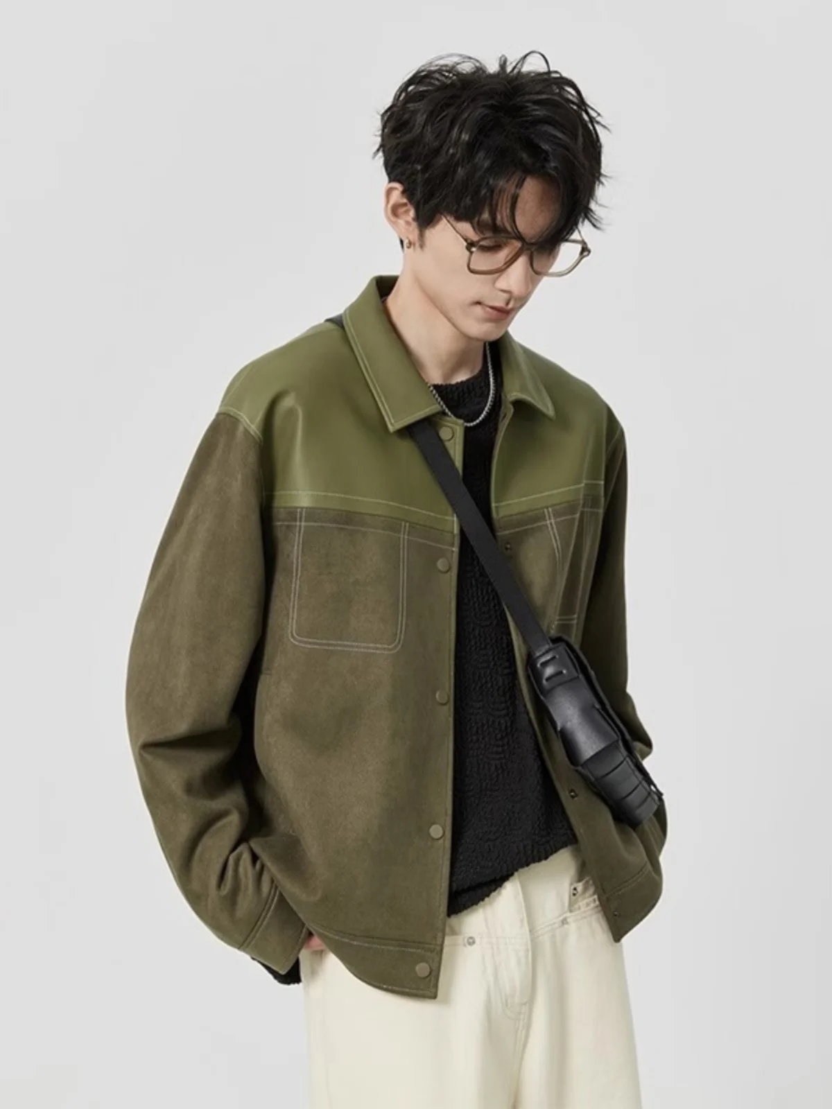 

Casual Spliced Design Men's Jacket Outerwear Suede Velvet Spring Autumn New Style Korean Version Warm Long Sleeve Coat