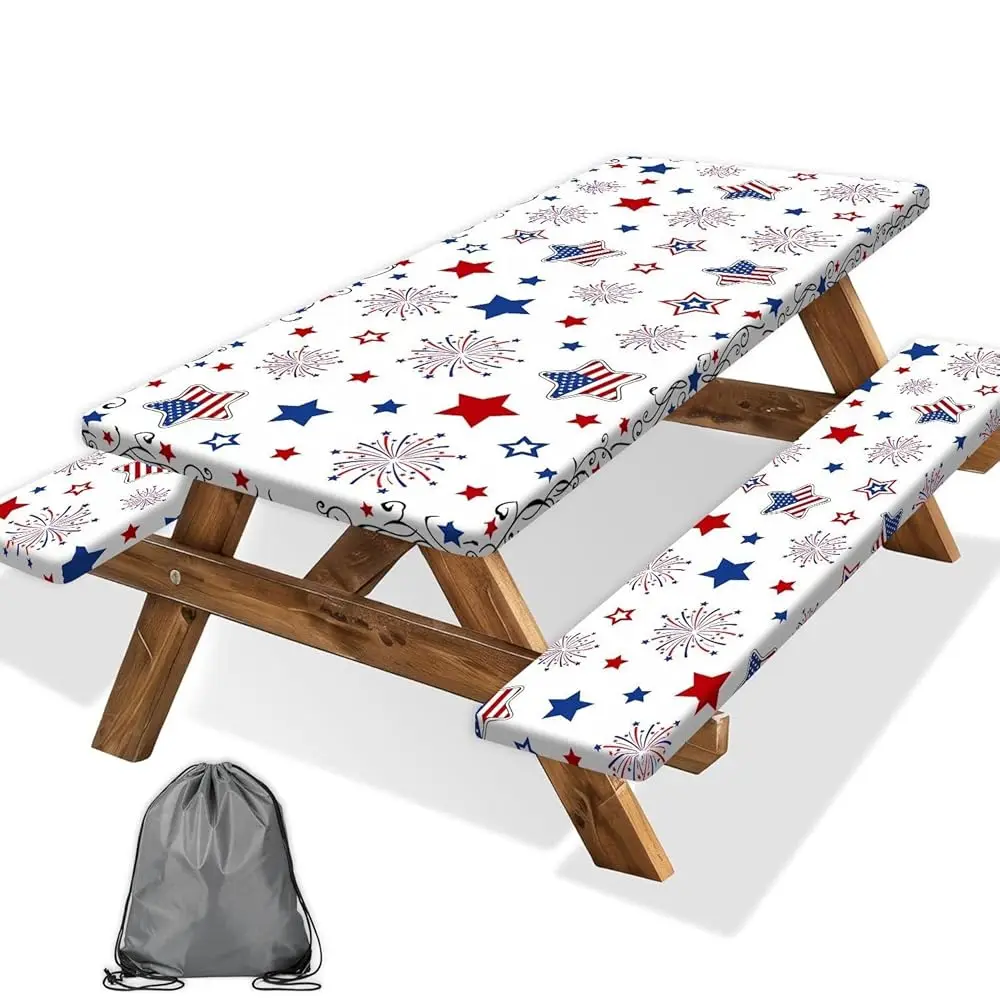 

Чехол для стола для пикника с чехлами для скамеек и сумкой для переноски, чехол для стола с красными и синими звездами, незаменимый аксессуар для кемпинга и отдыха на природе.
