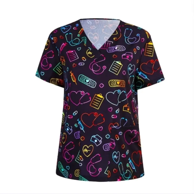 

Print V Neck Scrub Tops Women Dentist Working Uniform Nurse Scrub Uniformes Medicos Para Mujer Hospital Workwear Shirts Blouse