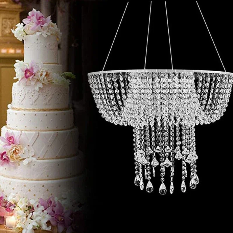 حامل كعكة الزفاف متعدد الألوان، قوس مع ثريا كريستالية، حامل بالون كعكة معلق من الأكريليك، ديكور دليل الممر