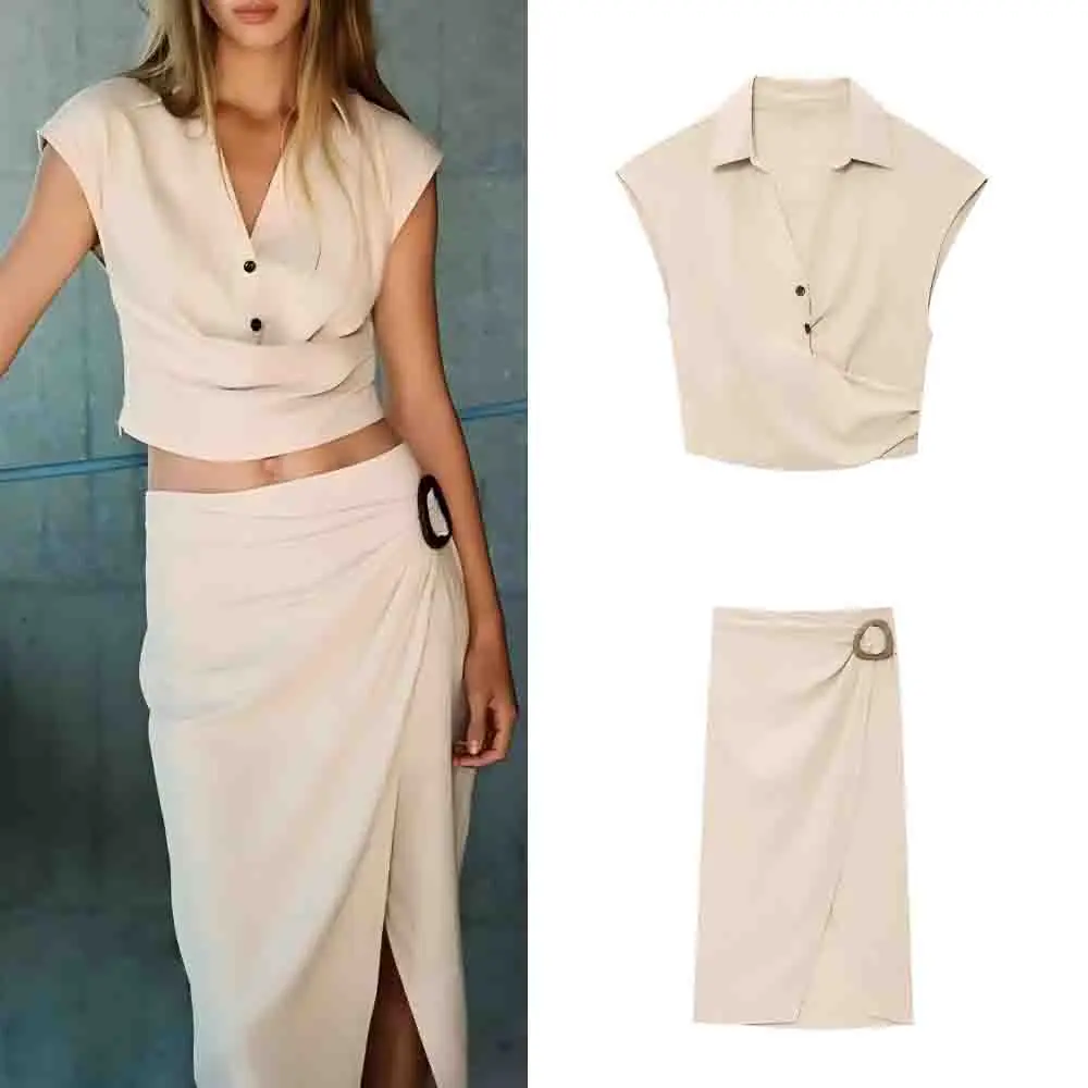 

Women's new fashion pleated decoration short sleeveless top retro button up women's shirt chic top+Skirts suit