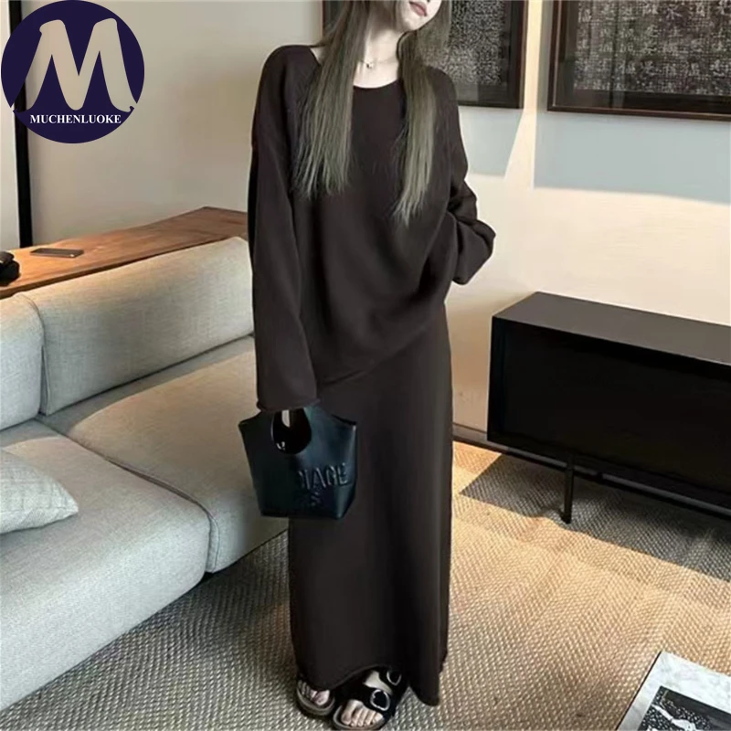 Elegant Women's Lazy Style Two-Piece Set O-Neck Knitted Sweater Skirt Autumn Winter Korean Fashion Casual Loose Fit