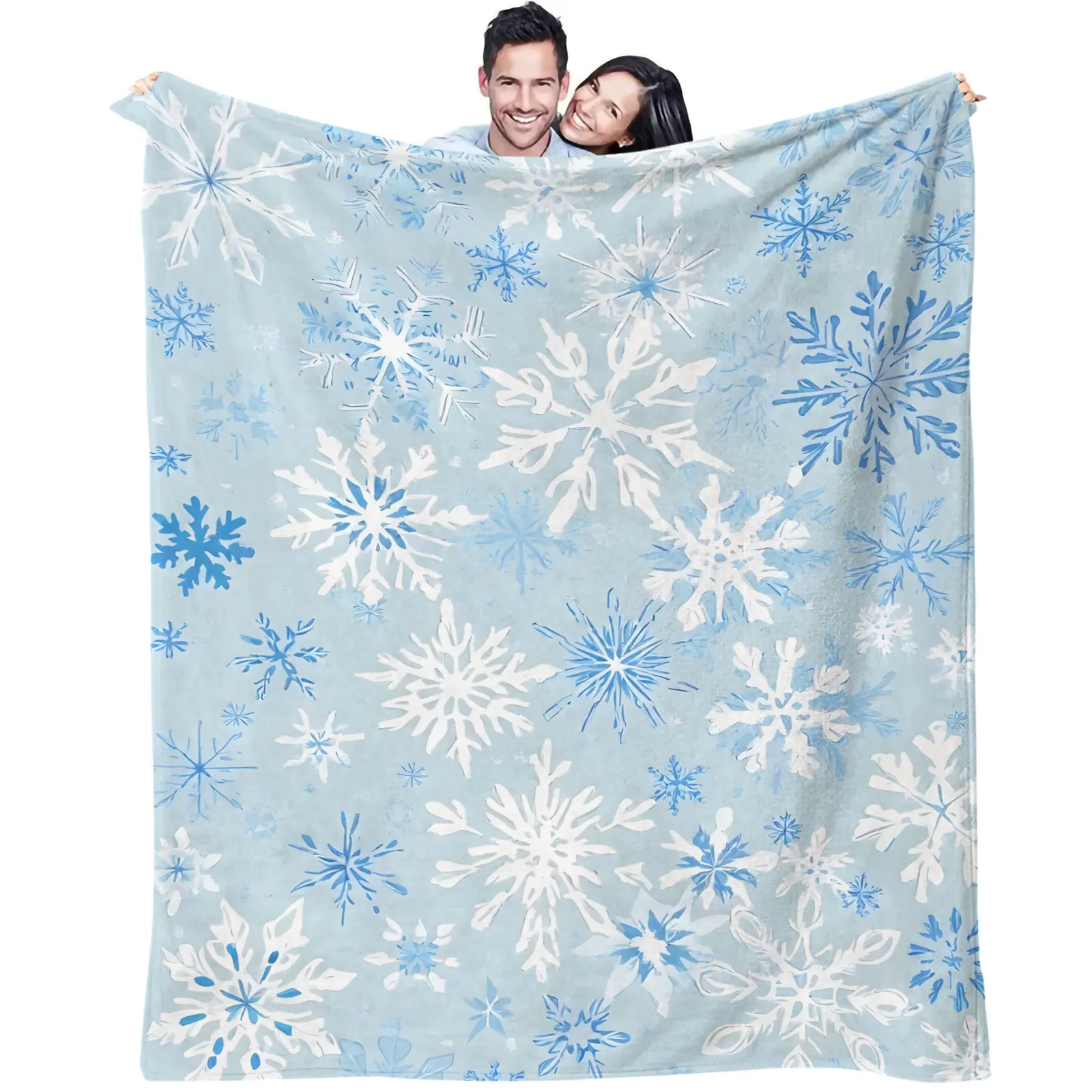 Light Blue Background White & Blue Snowflake Flannel Throw Blanket Ultra Soft Warm Plush Blanket Christmas Decor Sofa Bed Couch
