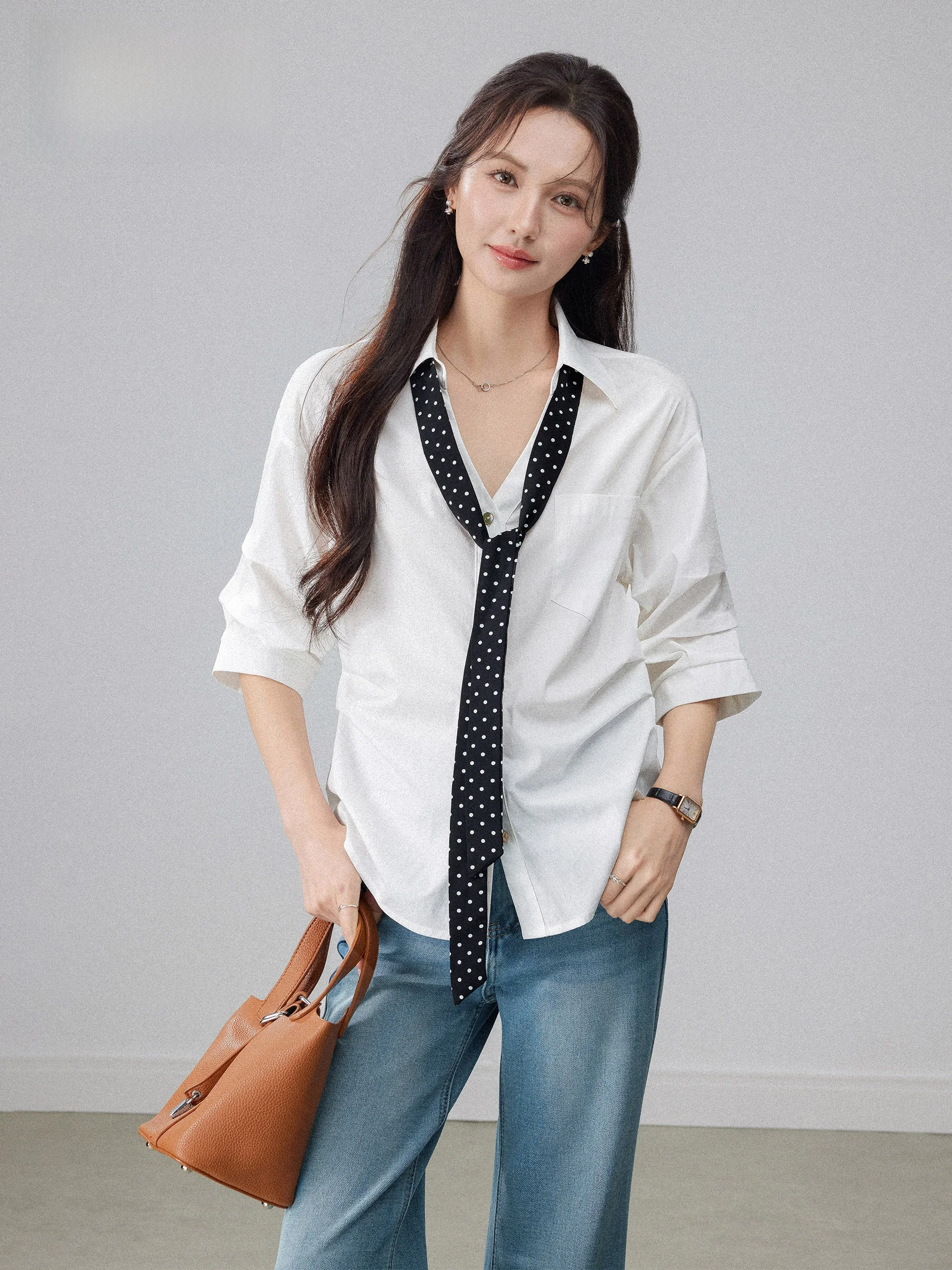 

White Collar Shirt Women's Waist-Cinching Folded Design Summer New Style Commute Top Breathable Five Sleeve Korean Version