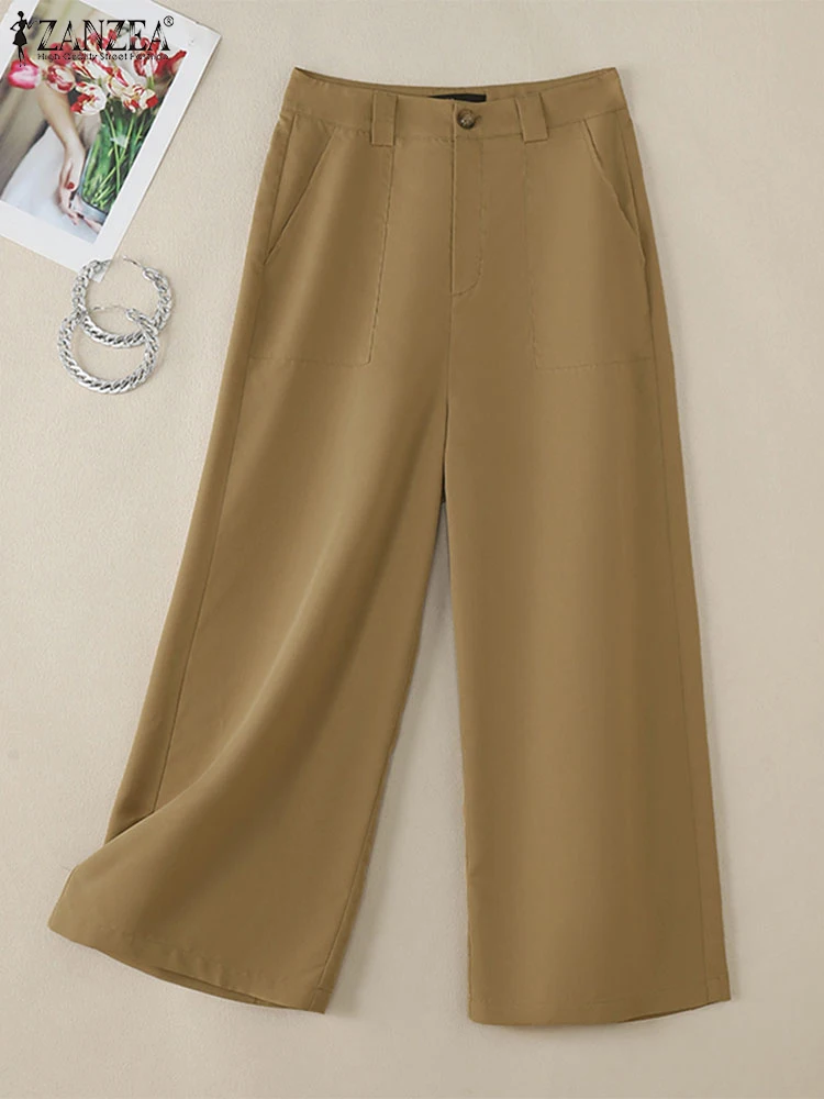 Zanzea 2024 outono comute pantalon senhora do escritório elegante cor sólida calças de cintura alta uso diário feminino solto calças casuais