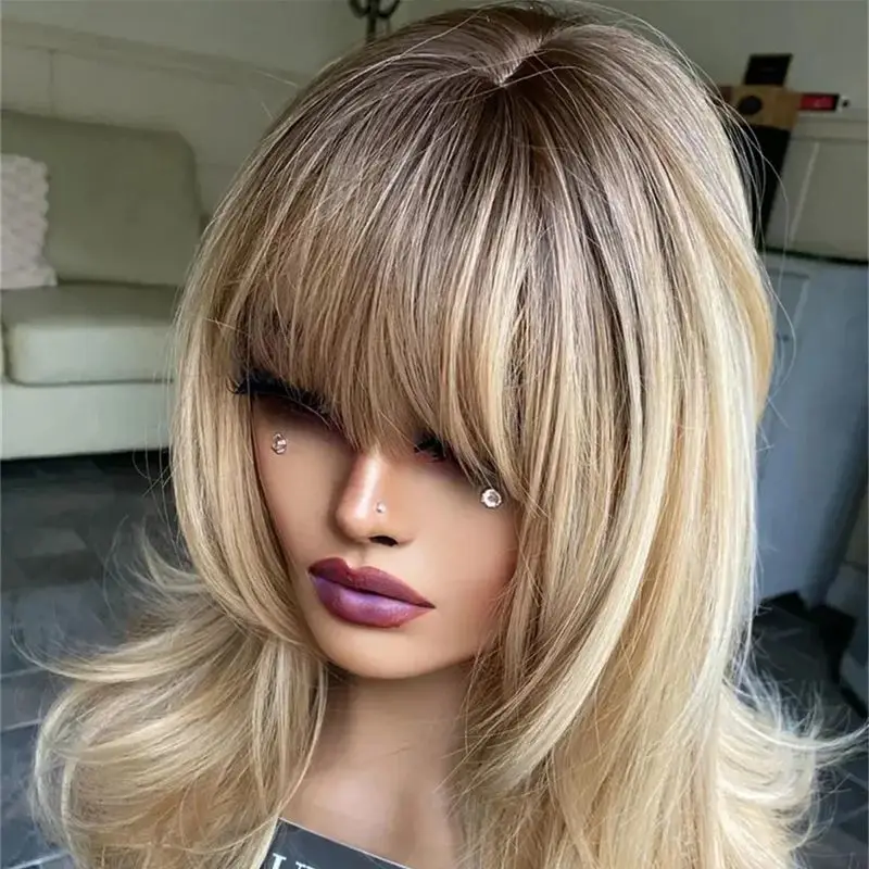 

Новый стиль женский парик Balayage Ombre кремовый золотистый блондин синтетический HD парик фронта шнурка с челкой вечерние повседневные парики 18 дюймов