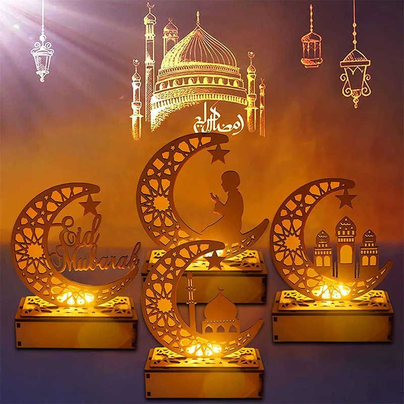 Wooden LED Moon Light Home Decor 2025 Eid al-Fitr Decoration Lamp Desk Ornament Crescent Moon Light Party Supplies Eid Gifts