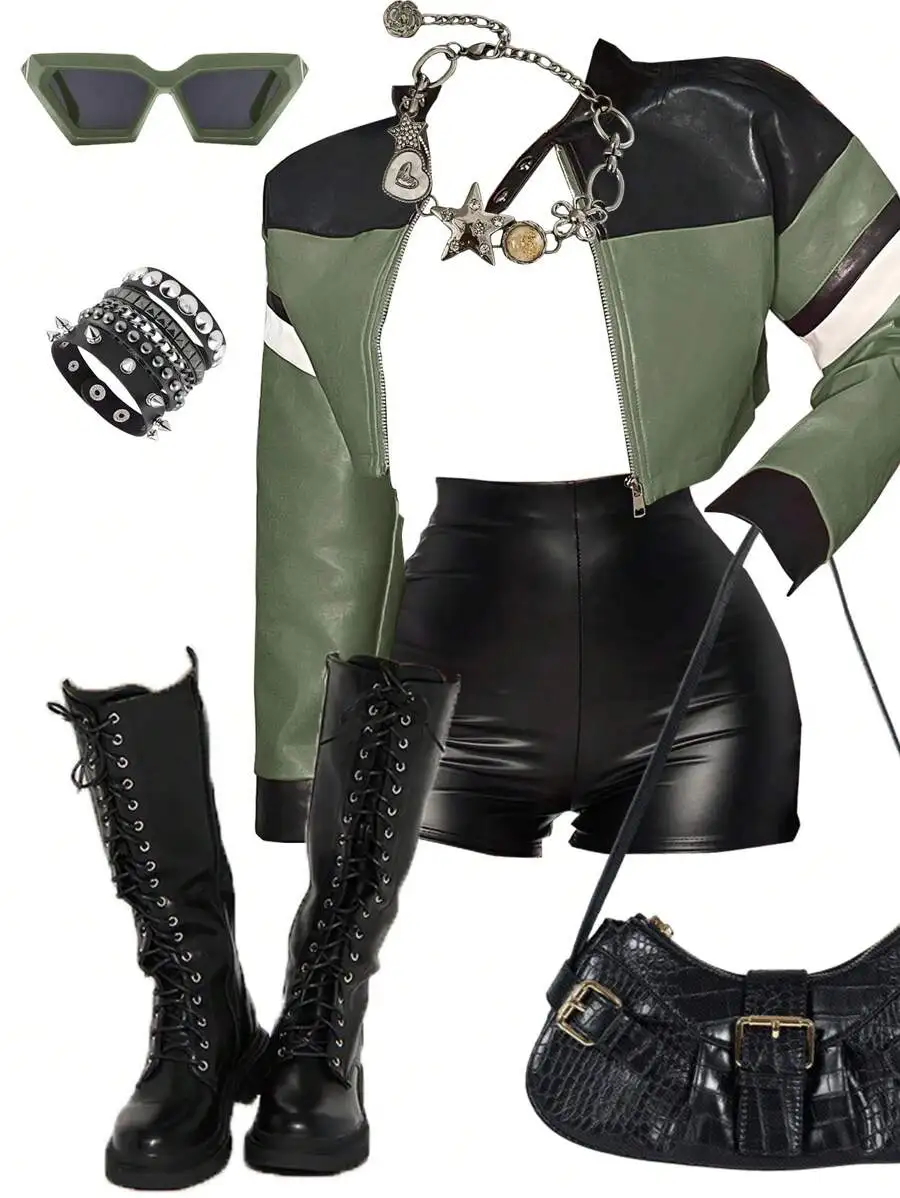 

Olive Green & Black PU Cropped Motorcycle-Style Jacket with Zipper and Color Block Design