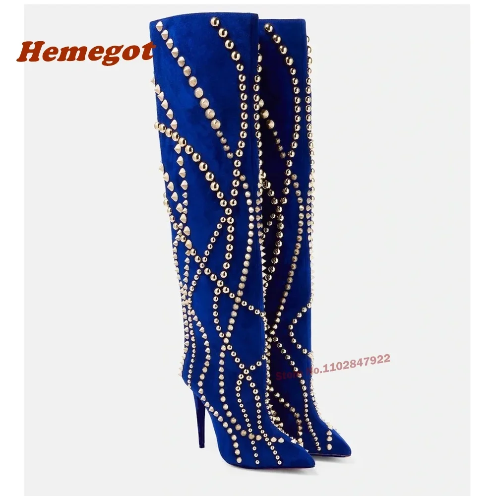 Stud Spike Heels Stiefeletten spitzen Zehen Kalb Leder Niet Wildleder Luxus Damen stiefel Winter Marke lange Schuhe sexy lässig sexy