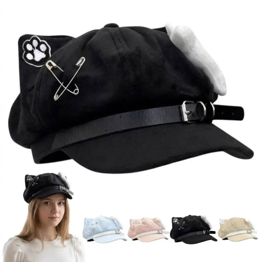 Niedliche Katzenohren-Baskenmütze für Damen im japanischen Anime-Stil, Newsboy-Mütze mit Katzenpfotenmuster, süße Baseballkappe für Alltagsoutfits