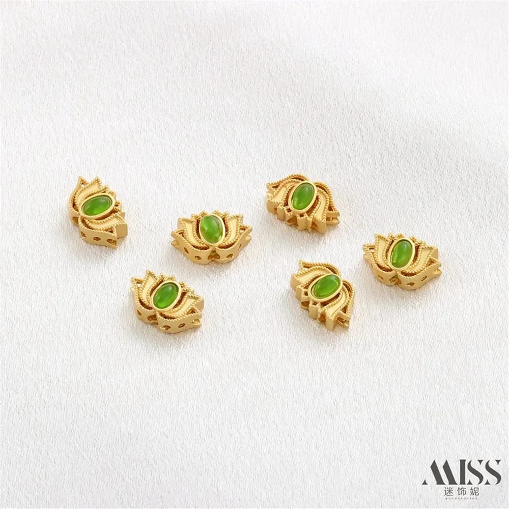 18K Gold Bag Color Matte Gold Inlaid with Emerald Lotus Beads Transfer Beads DIY Bracelet Necklace Hollow Jewelry Accessories view 3