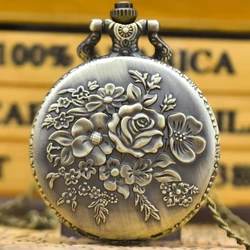 Vintage Bronze Clamshell Flower Carved Necklace Quartz Pocket Watch Fashion Jewelry Gift For Ladies Gift