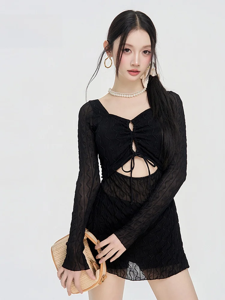 

Элегантный женский купальник с V-образным вырезом и длинными рукавами из сетки, черный, с драпировкой, раздельный, для отпуска, термальных источников, плавания, повседневный стиль