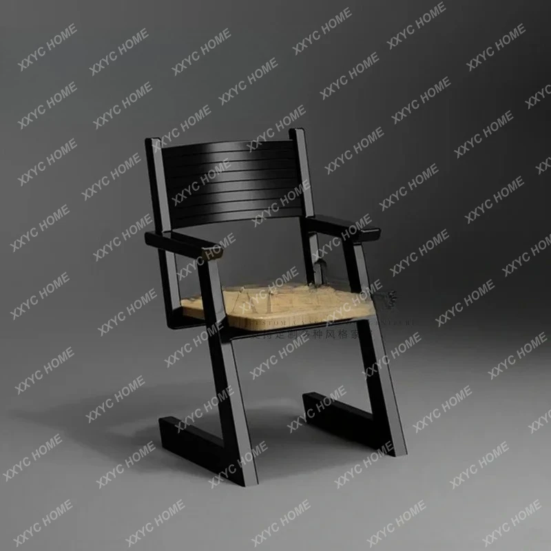 AAMedieval Simple All-solid Wood Dining Chair Modern Light Luxury Home Book Chair Retro Black Armchair