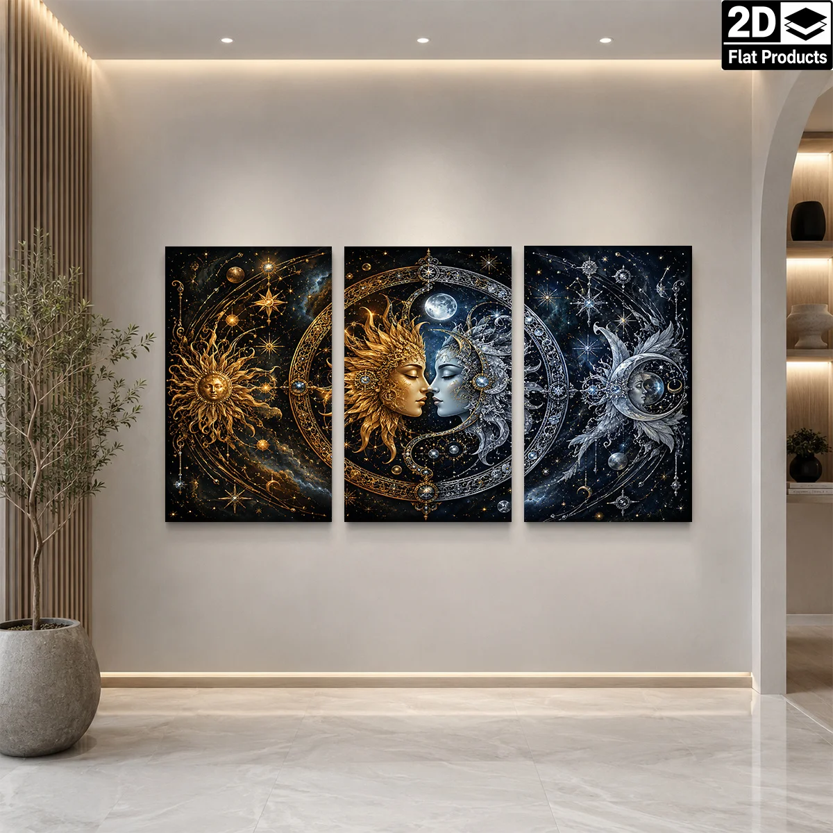 Frameless canvas 2D Flat 3pc  Wall Art – Three panels with sun moon faces stars and cosmic elements in gold and silver tones