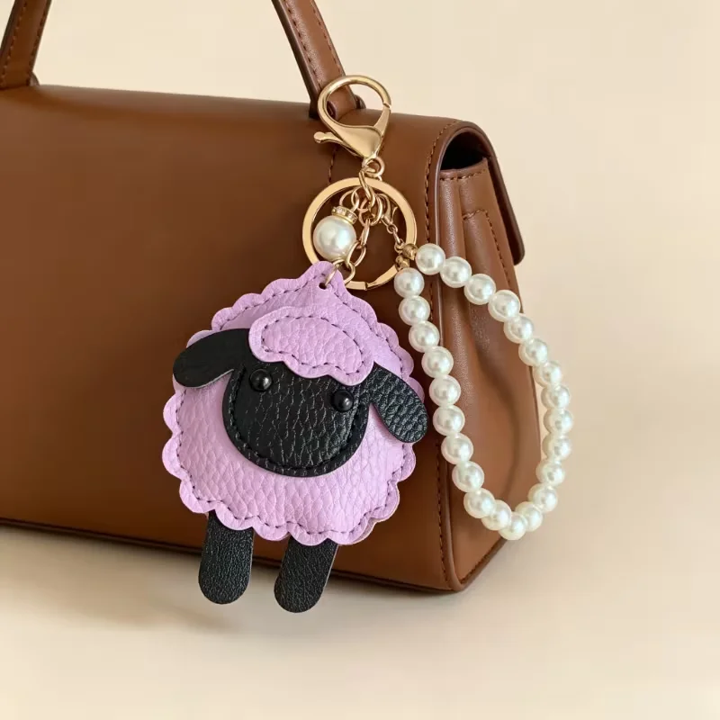 Pearl Lamb Bag Charm Cute Leather Sheep Keychain Pendant Pearl Chain Ruffled Edge Fashion Handbag Charm Gift for Women