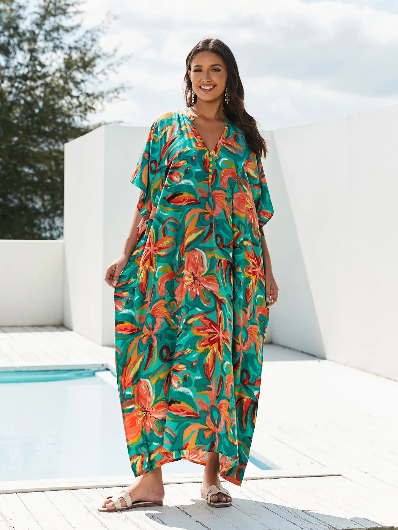 

Пляжные кафтаны с цветочным принтом, накидки для купальников, женские летние праздничные Макси-платья, купальник, купальные костюмы, распродажа