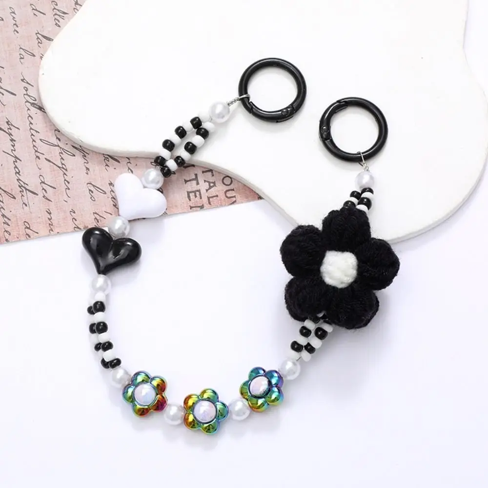 Phone Holder Crochet Flower Phone Chain Anti-Lost Keychain Colorful Beaded Lanyard Bag Pendant Acrylic Heart Case Chain