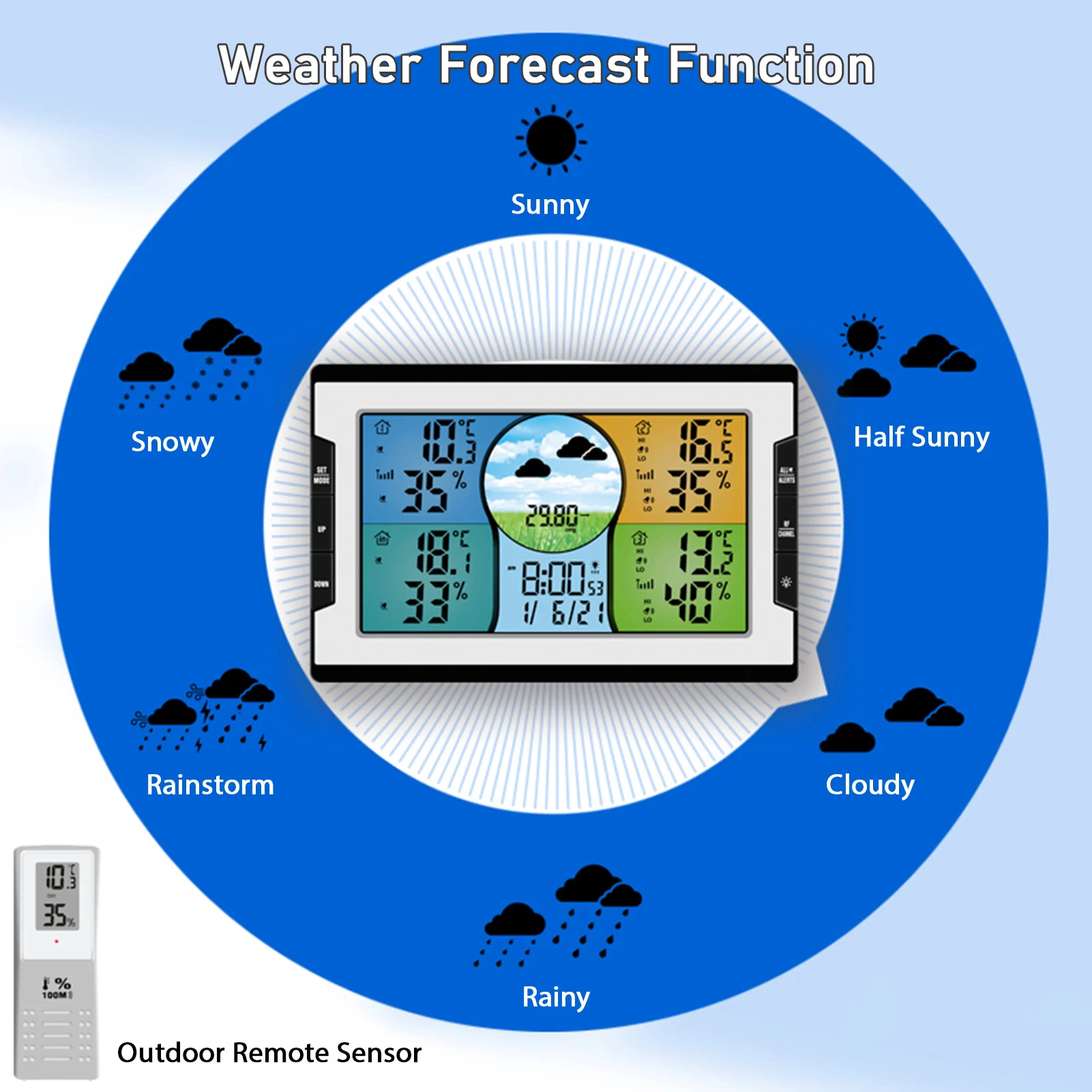 Digital Weather Station with 3 Remote Sensors 100m Indoor Outdoor Temperature Humidity Monitor Alarm Clock Thermohygrometer