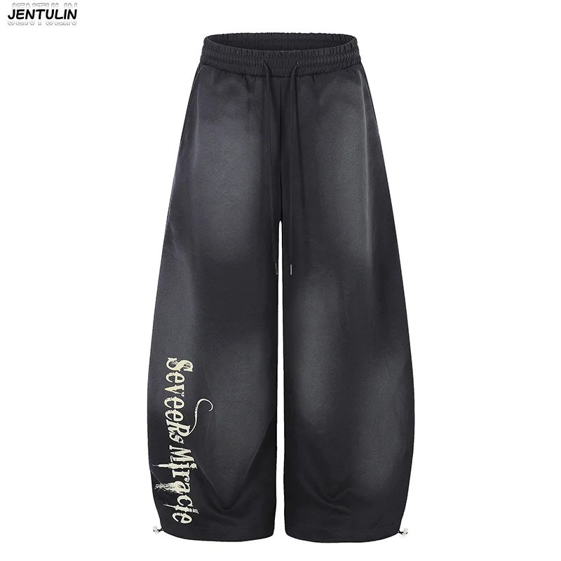 

Aesthetic Retro Gradient Vintage Letter Printed Sweatpants Loose Wide Leg Drawstring Tied Toe High Street Workwear Hip-Hop Pants