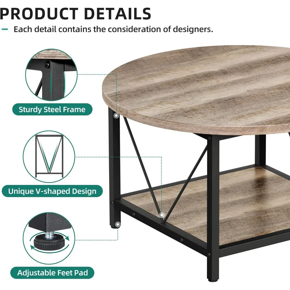 Table basse circulaire en bois rustique avec pieds en métal robustes, étagère de rangement, table centrale, meubles de maison, salon