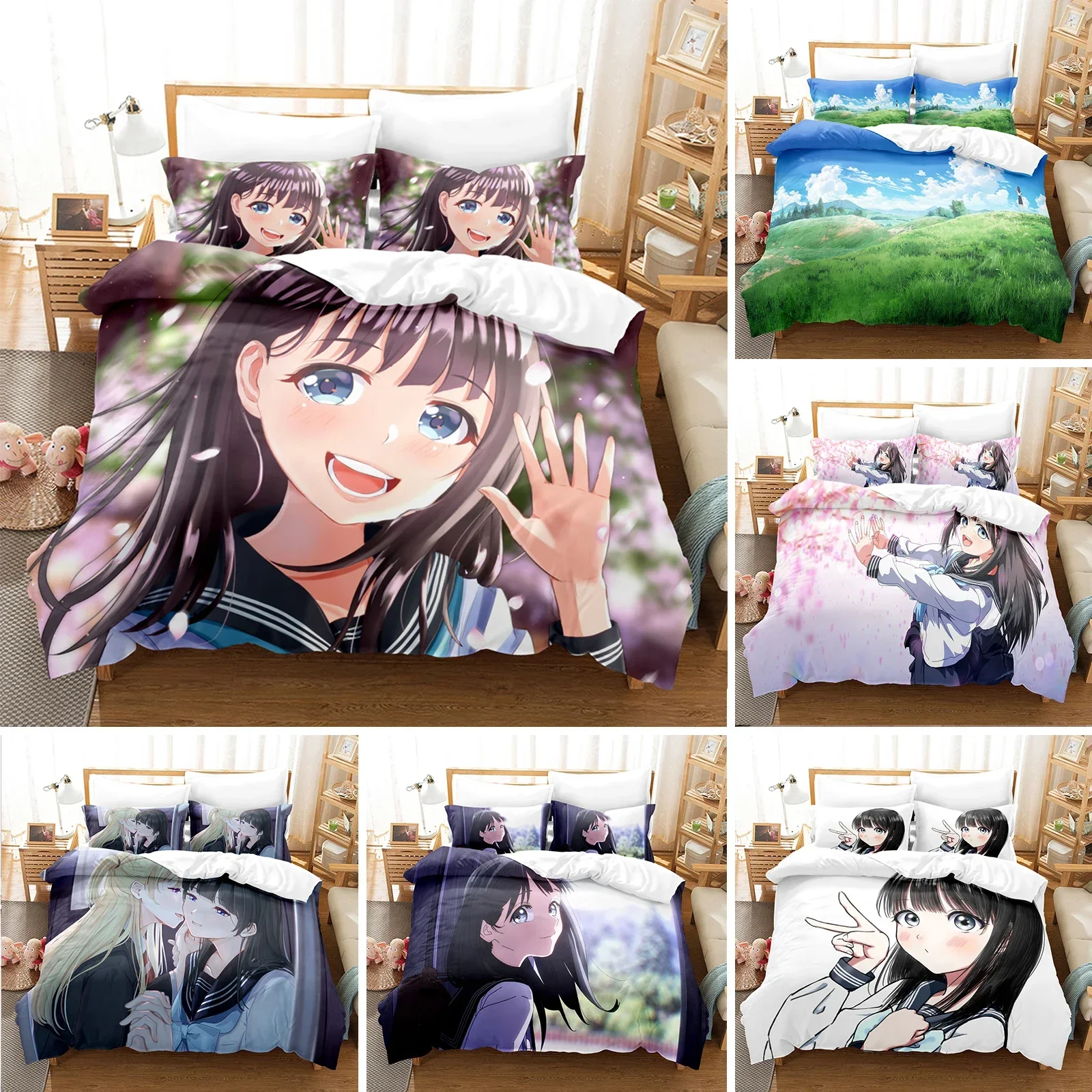 3D Printed Akebis Sailor Uniform Bedding Set Anime Duvet Cover Double Twin Full Queen King Adult Kids Bedclothes Quilt Cover