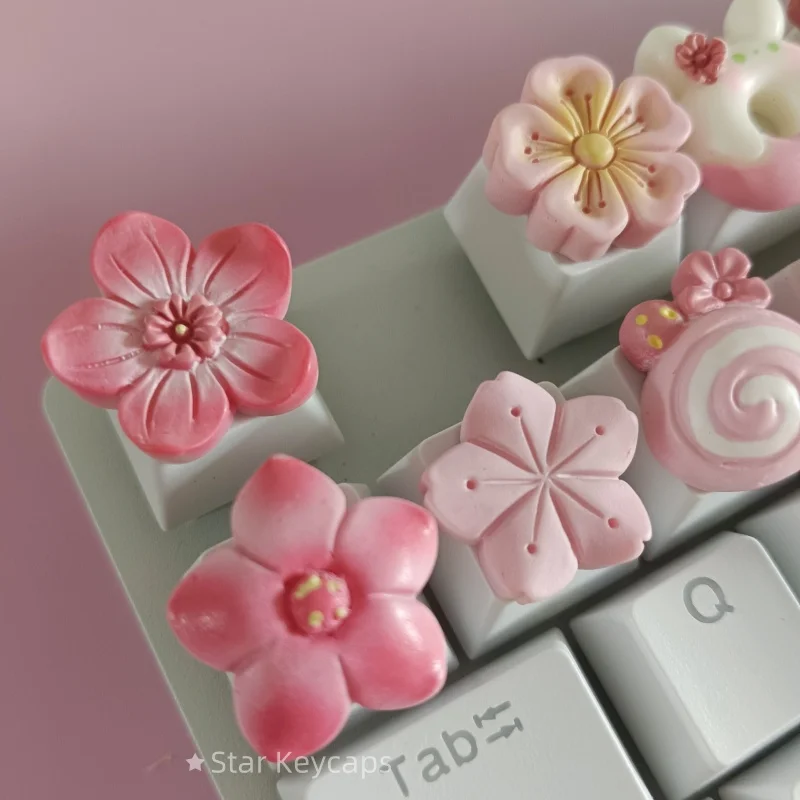 Custom Pink Kawaii Sakura Keyboard Keycaps Flower Artisan Key Caps for Cross Shaft Mechanical Keyboard Game Accessories