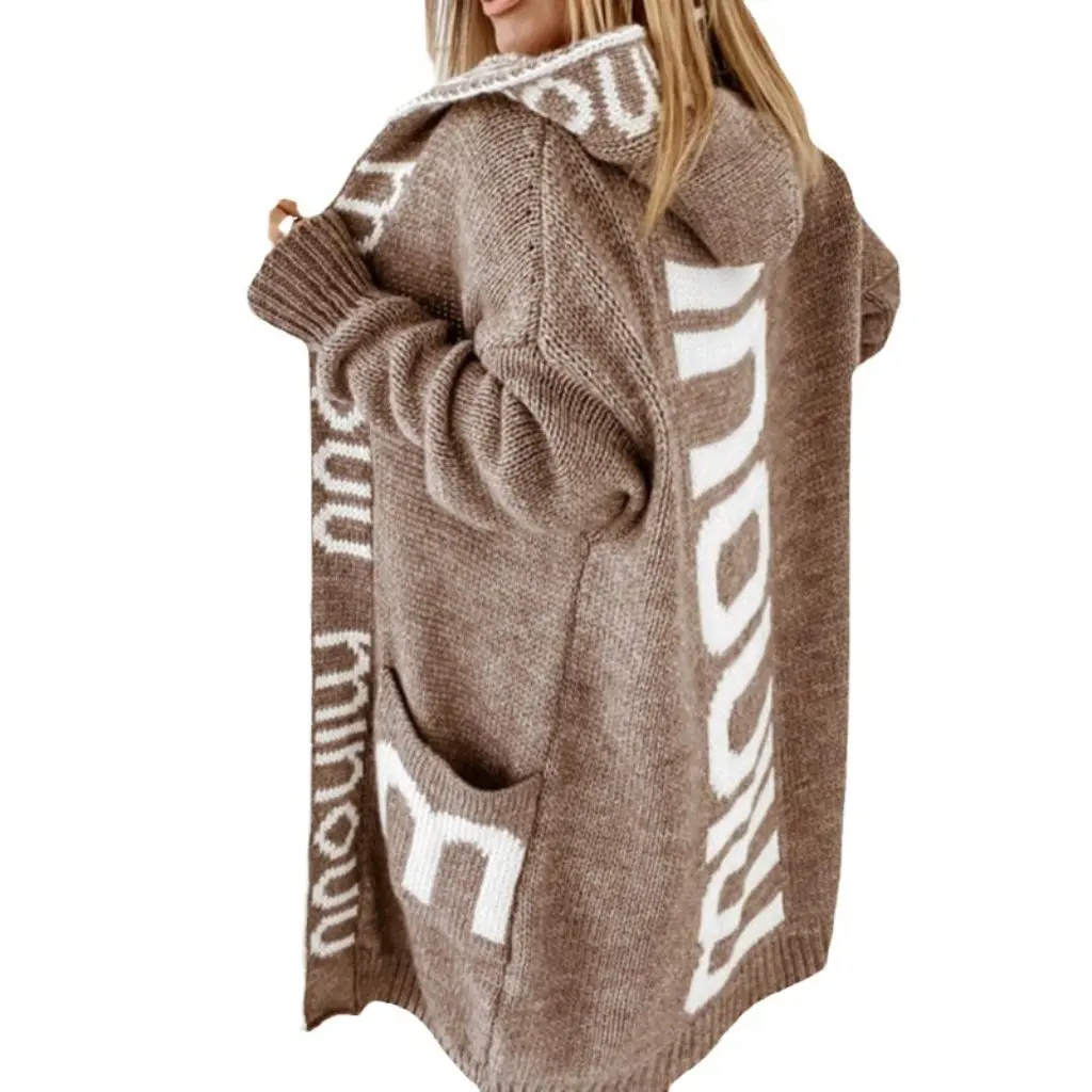 

Women's Hooded Letter Sweater Long Coat Autumn Winter Fashion European American Style Knitwear by