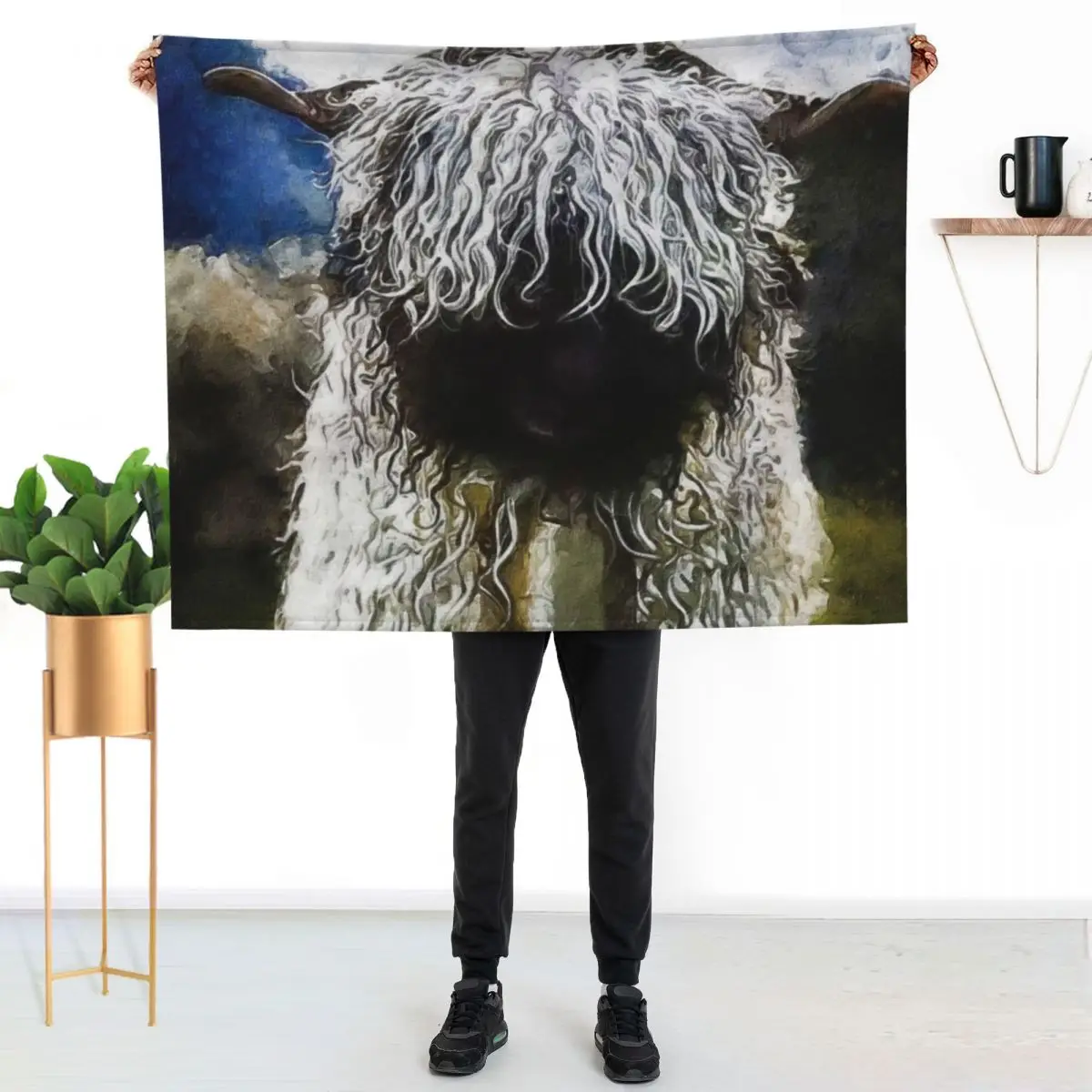 Swiss Valais Blacknose Sheep, Valais Blacknose Sheep Art, Cute Swiss Sheep Farm Animal Portrait, Adorable Swiss Va Throw Blanket