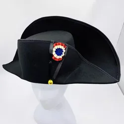 Napoleon French Style Admiral Captains Bicorne Hat Cosplay Woolen Cap Black Men Adult Prop Accessories 59cm Head Size