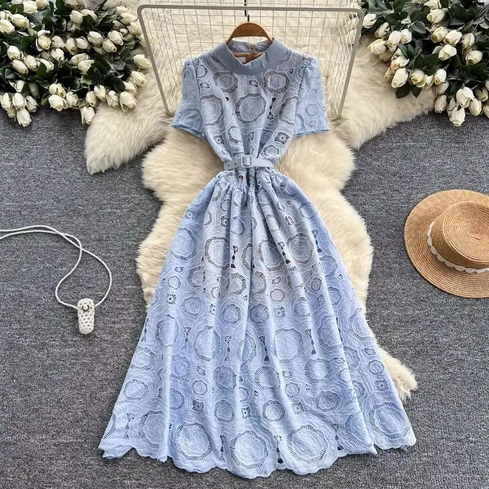

Elegant Embroidered Hollow out Midi Dress for Women Short Sleeve High Waist Belted Fashion Casual Chic Summer Formal