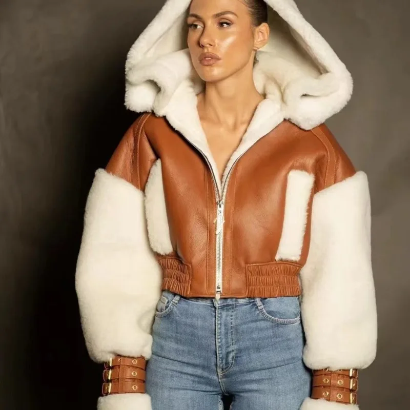 

Women Lamb's Wool Short Top Jacket Winter Americana Vintage Patchwork Color Blocking Hood Locomotive Jacket Fashion Petite