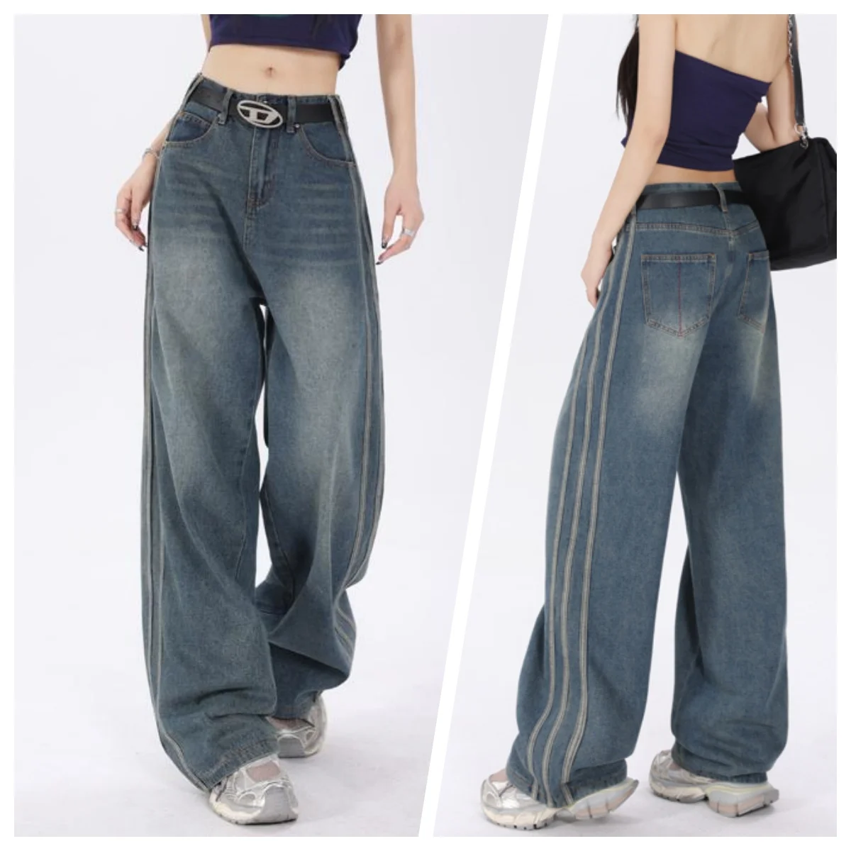 

Women's Fashionable Wide-Leg Jeans High-Waisted Loose Slim Design Straight-Leg Street Style Women's Trousers