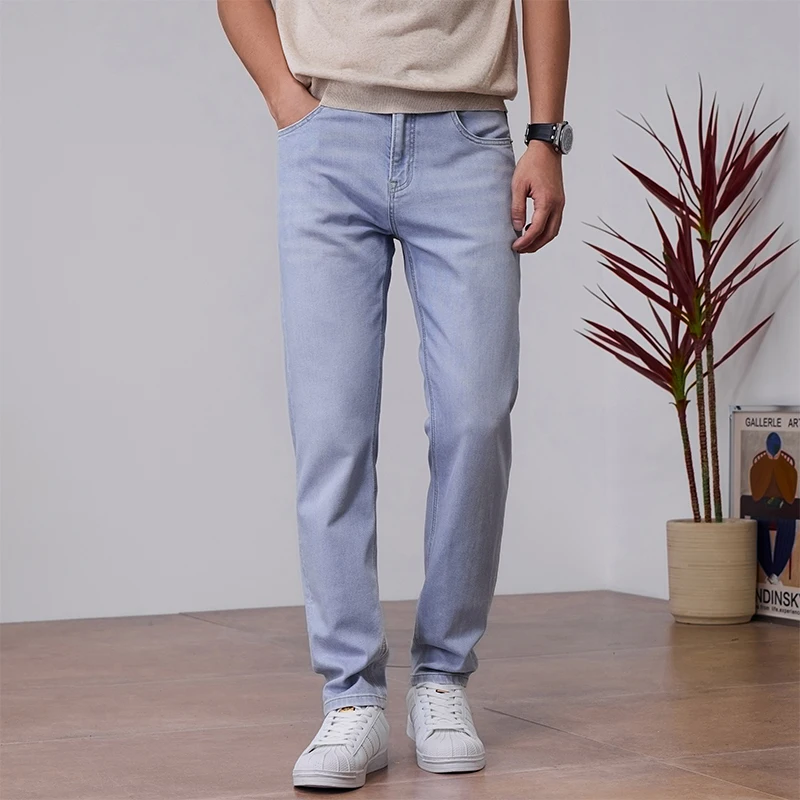 

2026 Summer Brand Lyocell Lightweight Stretch Men's Slim Straight Jeans High Quality Korean Style Casual Full Length Pants