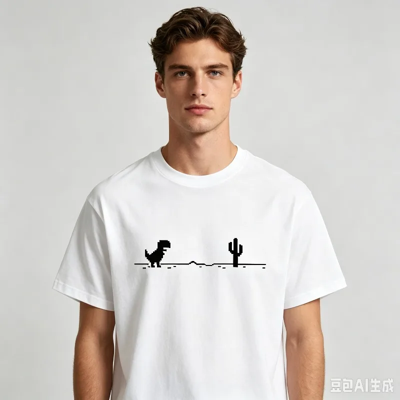 Pixel Dinosaur Desert Front Print Modal T‑Shirt, Cactus Retro Game Tees for Men Loose‑Fit Streetwear Top Casual Daily  Shirt