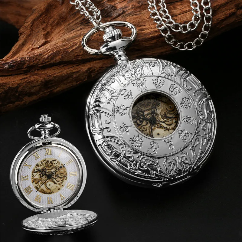 Antique Silver/yellow Gold Hollw-Out Case Unisex Quartz Pocket Watch Roman Number Display Necklace Pendant Chain Timepiece Reloj