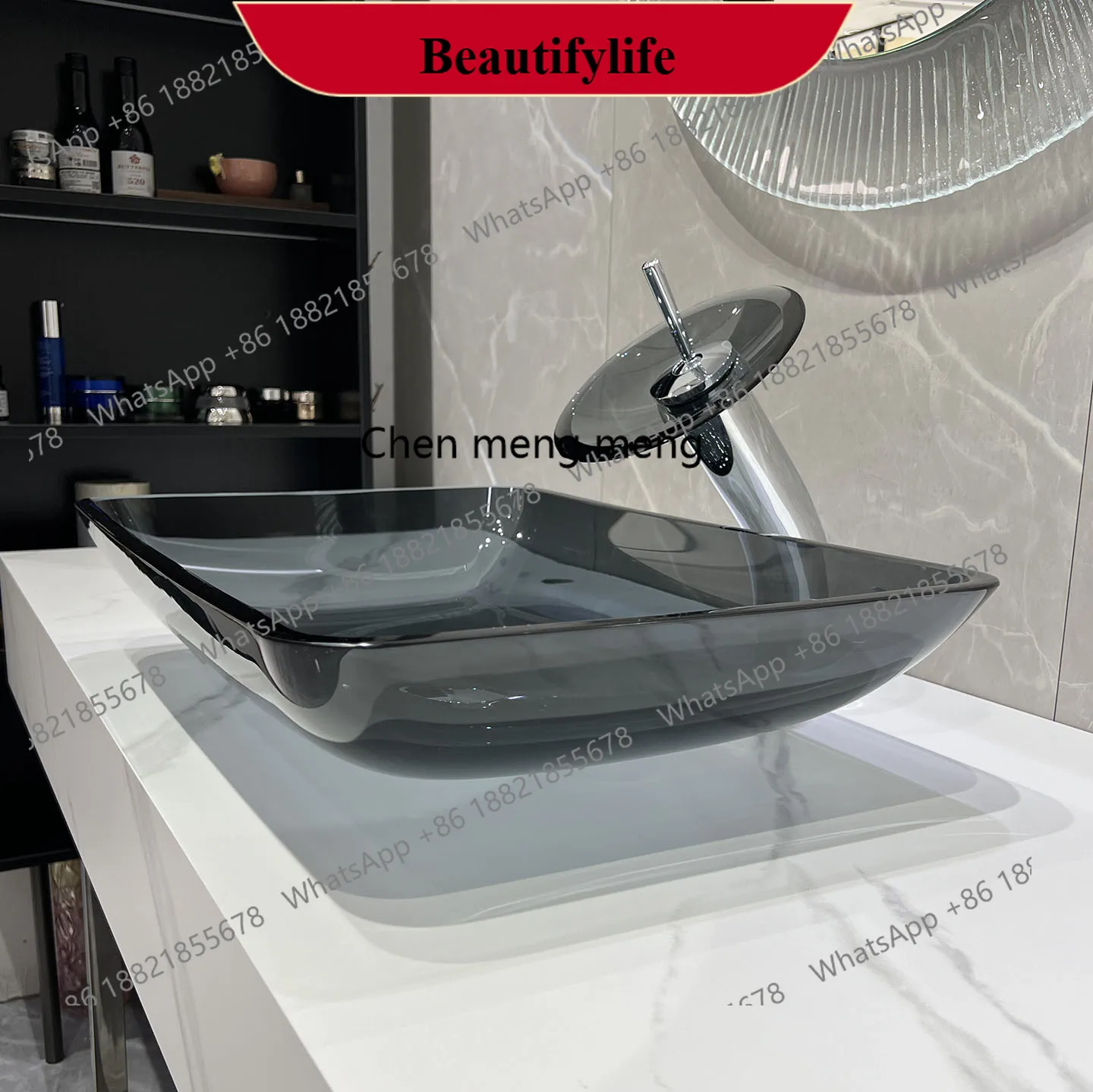 

E153 Tempered glass counter basin, transparent washbasin, bed and breakfast washbasin, gray rectangle