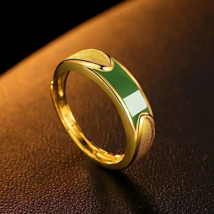 

Comfortable Wear Luxury Inlaid Jade Adjustable Open Ring For Couples 24K Gold AU999, open design without irritation