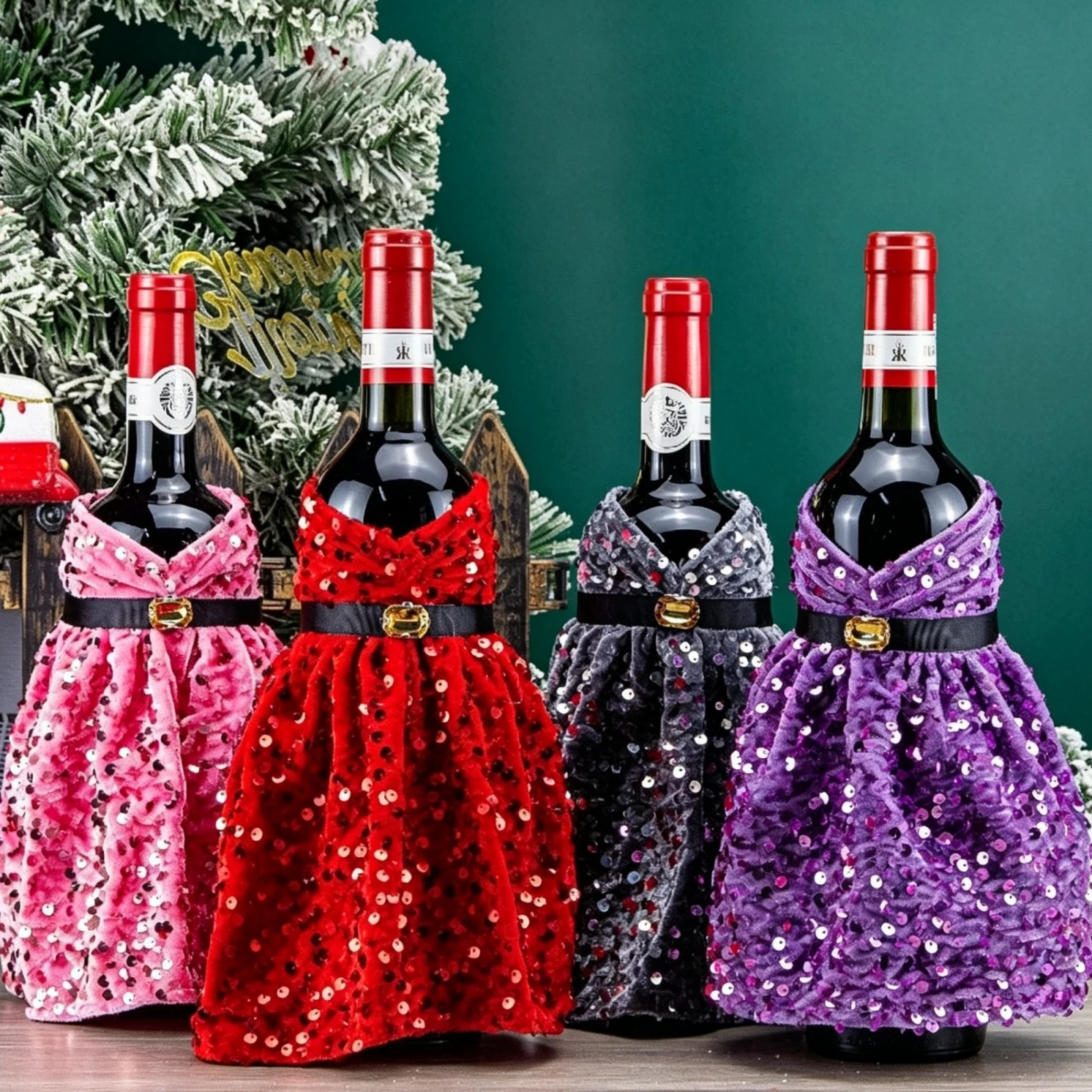 2027 New Years Christmas Wine Bottle Cover, Shiny Sequins Dress Dinner Table Decor Present for Xmas Wine Bottle Covers