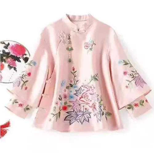 Imagen 2 del producto Primavera otoño estilo étnico traje Tang abrigo Retro bordado botón chino Top mujer elegante blusa suelta Top chino 3126