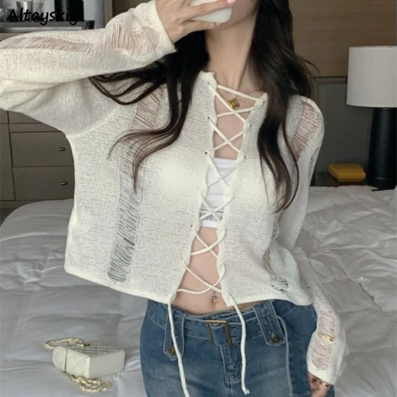 

Sexy Pullovers Women Hollow Out Lace-up Cropped Knitted Tops All-match Spring Comfortable Teens Designed Aesthetic Loose Chic