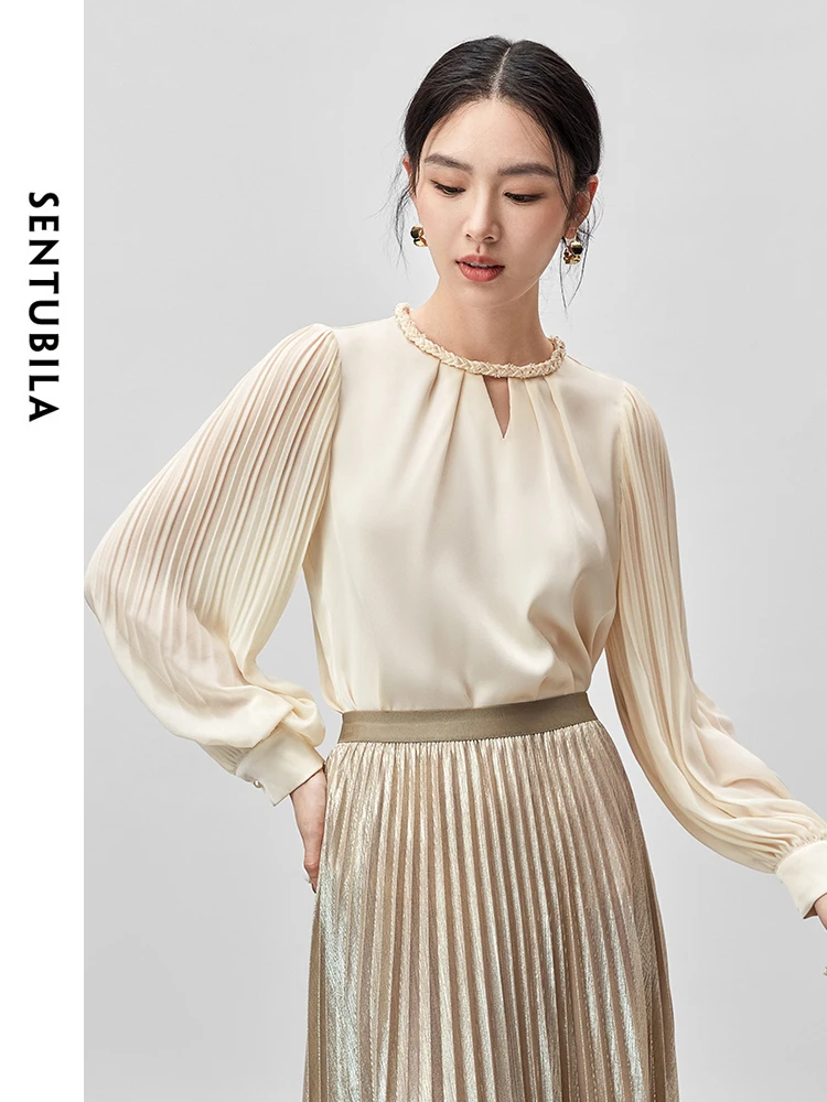 SENTUBILA Women French Hollow Out Blouse   2024 Autumn Chiffon Straight Woven O Neck Lantern Sleeve  Tops 143V56037