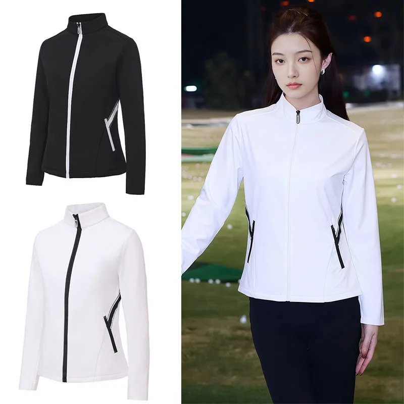 New Golf Jacket Women Fall/winter Thicken Velvet Coats Long Sleeve Windproof Warm Jacket Ladies Sports Zipper Trench Windbreaker