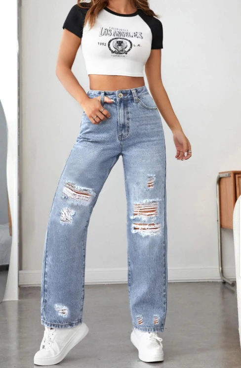 2024 women's hot light blue jeans women's ripped wide leg jeans loose comfortable slimming all-match out