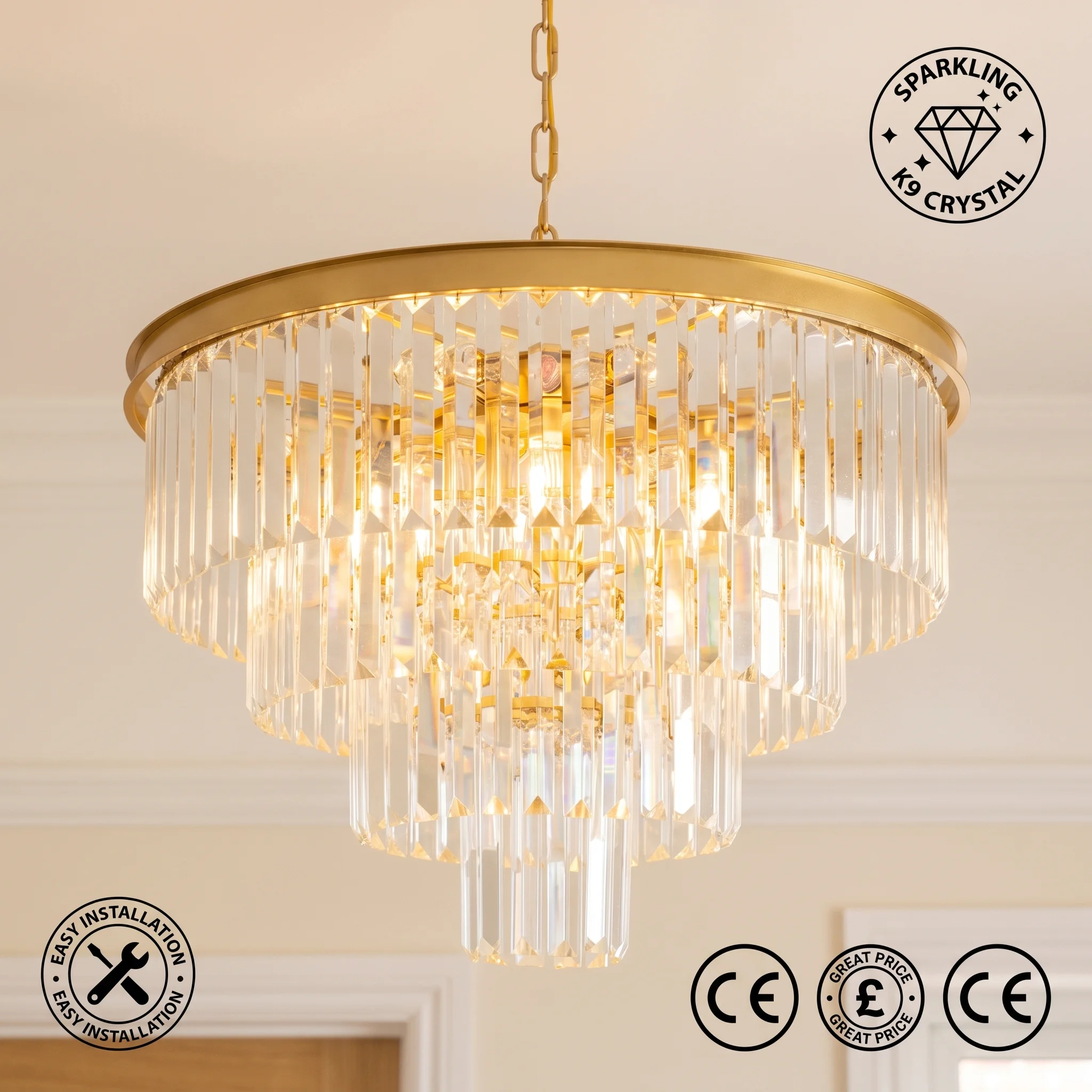 Lampadario moderno di lusso in cristallo dorato, lampada a sospensione a 9 luci con cristalli K9 sfaccettati a più livelli e altezza regolabile, lampada da soffitto con attacco E14, facile da