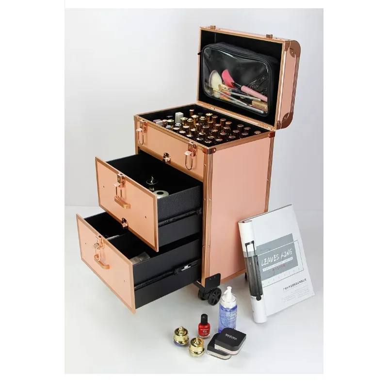 Custodia per trucco con ruota universale staccabile alla moda calda Cassetta degli attrezzi per tatuaggi per unghie di bellezza con asta di trazione personalizzata con cassetto per i viaggi