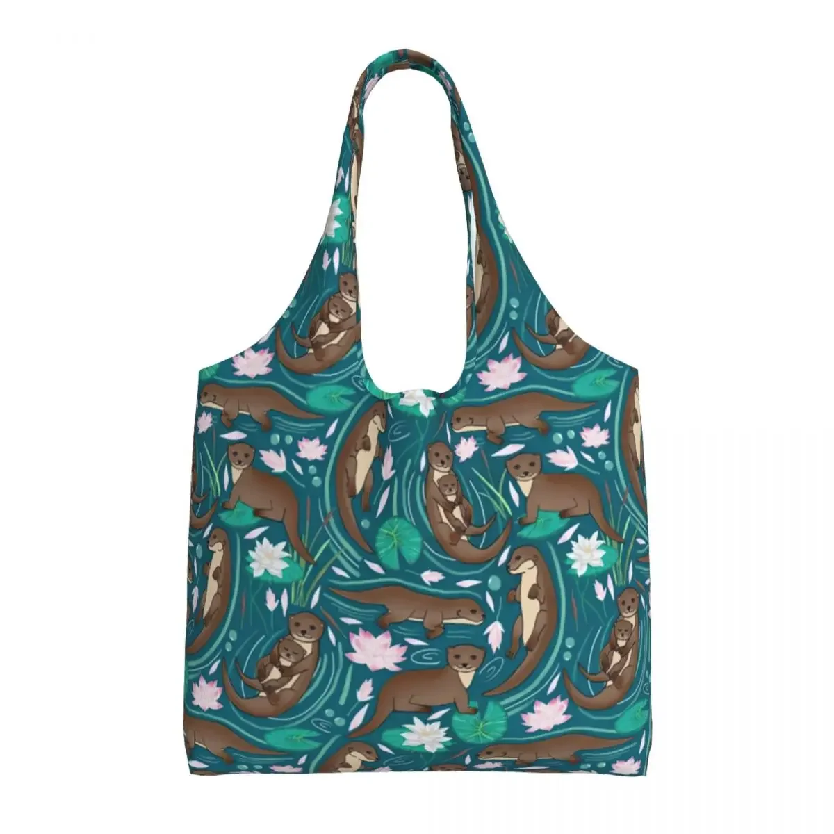 Reusable Otters Family Water Lily Shopping Bag Women Canvas Shoulder Tote Bag Portable Cute Otter Groceries Shopper Bags Handbag