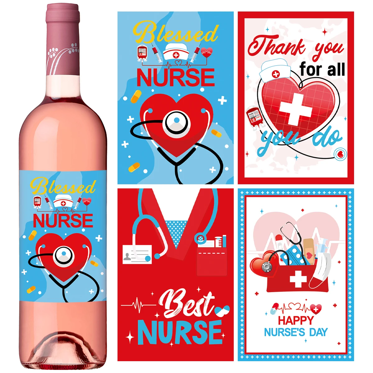 8 Sheets/Pack Nurse's Day Wine Bottle Sticker,Thank You Nurse Stickers Appreciation Congrats Party Wine Bottle Label Decorations